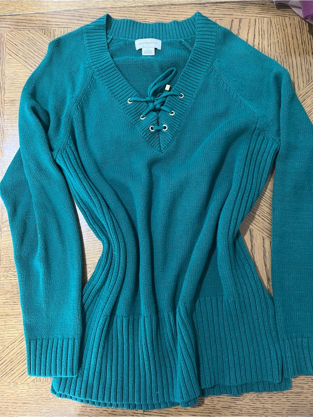 Liz Claiborne Teal Lace-Up V-Neck Sweater